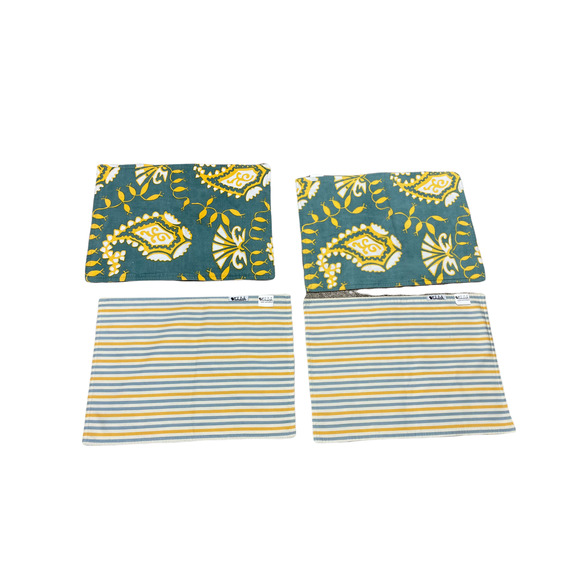 Tululah Designs Set of 4 Blue Yellow Paisley Reversible Stripe Cotton Placemats - Picture 1 of 4